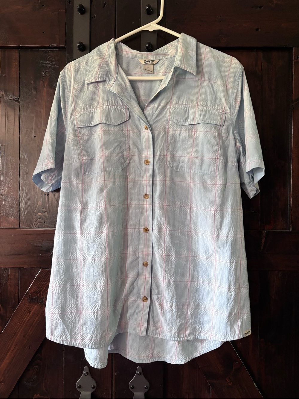 Duluth Trading Co Light Blue Plaid Short Sleeve Button Front Hiking Travel Shirt
